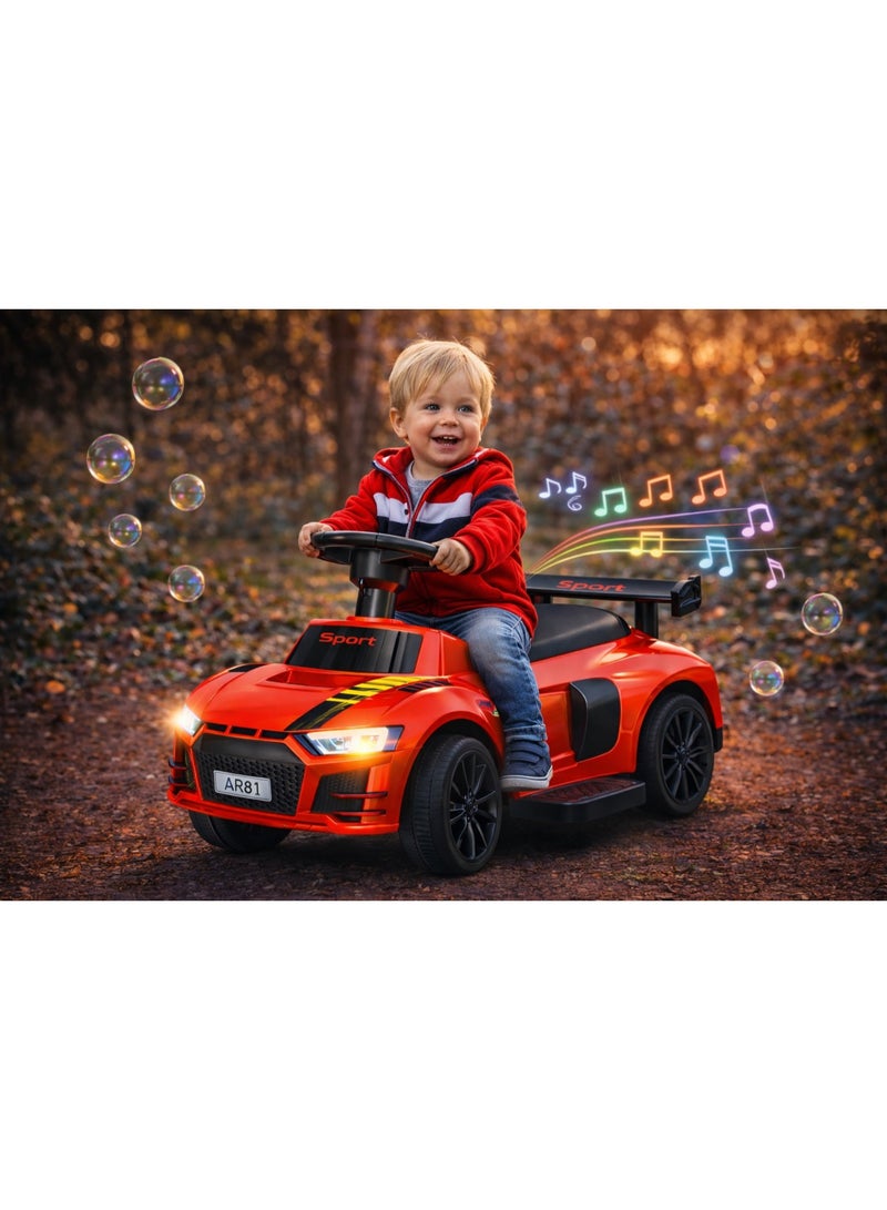 Starmarz "The StarMarz Red Sports Ride-On Car is a fun, stylish, and safe foot-to-floor ride-on toy designed for toddlers aged 1–4 years.  Its sharp racing-car style, complete with a rear spoiler, sporty decals, and bold red finish, makes it a favorite for every child who loves cars.  The 4-wheel stable design helps toddlers ride safely and confidently. The silent EVA wheels glide smoothly across indoor and outdoor surfaces without scratching your floors.  A comfortable wide seat and strong backrest provide support for younger children during long play sessions.  Kids control the car by pushing with their feet, helping improve balance, leg strength, and motor skills.  Made from strong, child-safe materials, this ride-on car is perfect for home, nursery, and outdoor fun.  Ideal for birthdays, Eid gifts, or any special occasion — a stylish sports ride-on that kids will love." - Image 2
